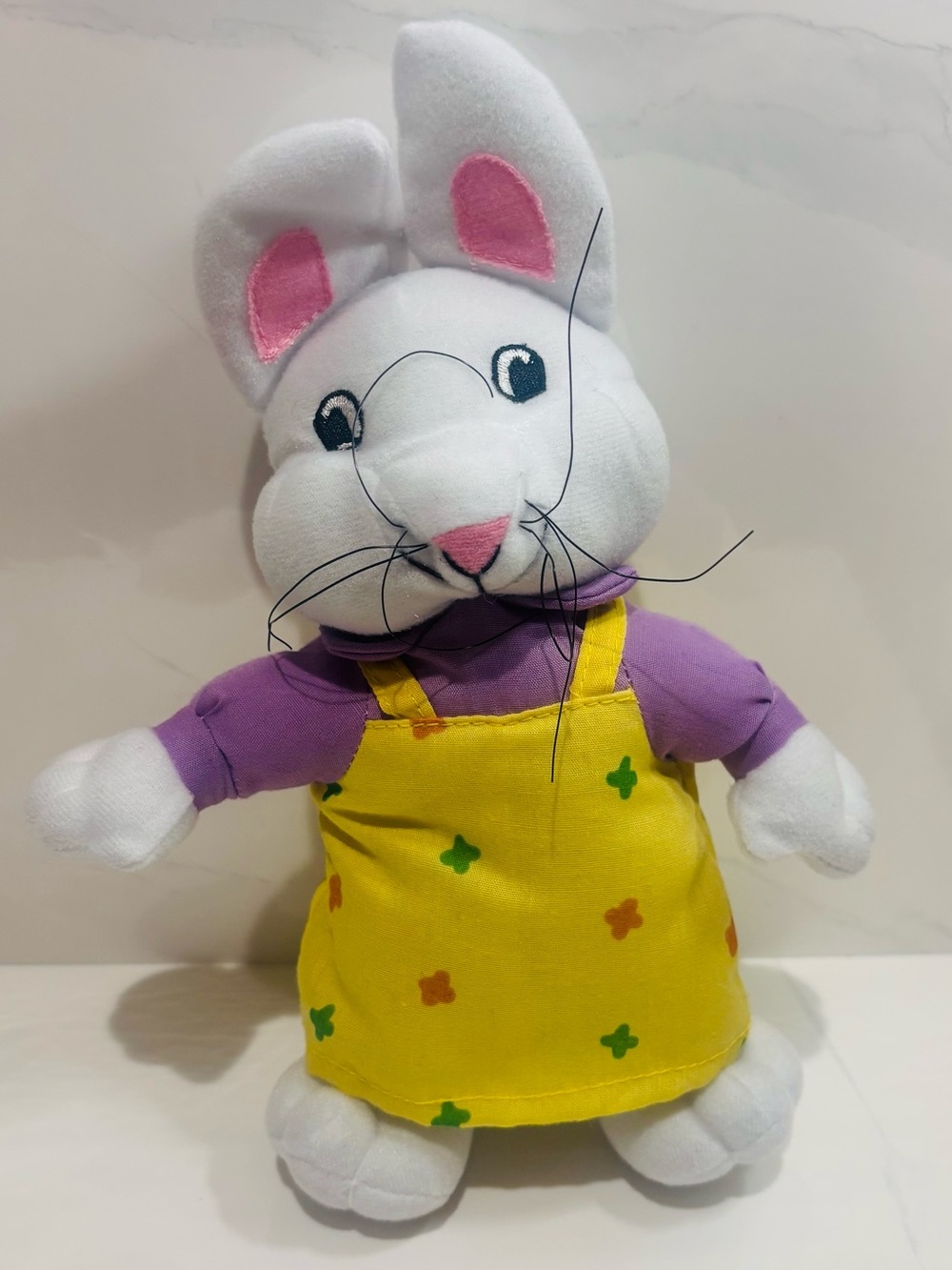 Plush White Bunny in Purple Shirt and Yellow Dress Kids Toy